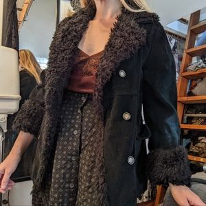 Black fur trim corduroy coat